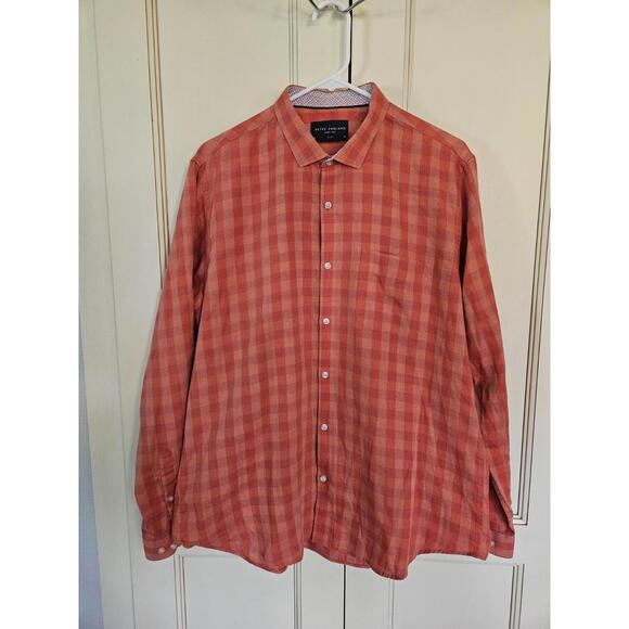 Peter England Men's Orange Checked Long Sleeve Shirt-Size 44 (XXL) Slim - Picture 1 of 5